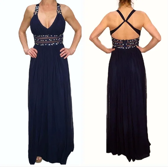 Alex And Sophia Dresses | Navy Blue Gown Backless And Gem Embellishments Size 3/4 | Color: Blue/Silver | Size: 3/4 | Dallasmarief's Closet
